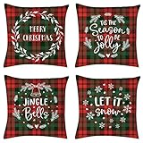 4er Set Kissenbezug 35x35cm Rot-Grün-Tartan-Weihnachten Kissenbezüge Samt Kissenbezüge Dekorative Kissenbezug Muster Kissenhülle für für Sofa Schlafzimmer Zuhause Auto Dek