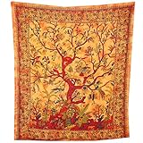 Tagesdecke Lebensbaum orange 230x205cm bunte Vögel Blumen indische Decke Baumwolle Tie Dye Sty