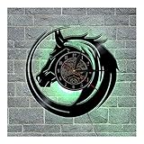 Wanduhr Vinyl Schallplattenuhr Vintage Familien Zimmer Dekoration- 3D LED Pferdekopf Design-Uhr Wand-Deko Schwarz/Durchmesser 30cm (Mit Licht)