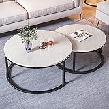 LOHOX 2er-Set Couchtisch Wohnzimmertisch Satztisch mit leisen Füßen Rund Sofa-Beistelltisch Couchtisch Schieferfarbe + Schmiedeeisenrahmen 15mm Dicke Platte Wohnzimmer 80+60CM /70+50CM