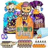 Halloween Süßigkeiten Tüten, 60 Stück Halloween Kunststoff Geschenktüten, Halloween Party Taschen für Kinder, Halloween Tüten für Süßigkeiten, Geschenkbeutel, Kinder Halloweenparty