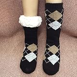 Kuschelsocken Damen,Winter Hausschuhe Socken Schwarz Gitter Damen rutschfeste Hausschuhe Socken Weiche Bequeme Warme Dicke Haussocken Mit Griffen Bettsocken Plüsch Innensock