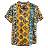 Frühling Shirts Herren Kurzarm Leinenhemden Freizeithemd Einfarbig Tops Band Kragen Henley Hemden Knopf Grandad T-Shirts Sommer Blusen für Männer Leicht Slim T Shirts Verkauf, gelb, 85