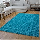 T&T Design Hochflor Shaggy Teppich Preishammer Uni Einfarbig in Türkis Modern, Größe:70x140