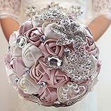 Fouriding Handgemachte Brosche Brautstrauß Braut Satin Rosen Blumen Strass Perlen Blumensträusse Hochzeit Strauß Künstliche Blumenstrauß künstlicher Rosenstrauß Dekoration (Creystal Pink)