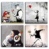 Degona Moderne Bilder Banksy 4 Stück jeweils 30 x 30 cm Druck auf Leinwand abstrakte Kunst XXL Dekor für Wohnzimmer Schlafzimmer Küche Büro Bar R