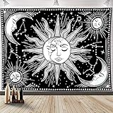 WOVTE Sonne und Mond Wandteppich Schwarz-Weiß-Wandteppich Konstellation Astrologie Wandteppich Psychedelic Mystic Tapisserie Wandbehang Natur Wohnkultur für Schlafzimmer Schlafsaal (150x130cm)
