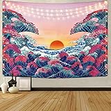 Alishomtll Welle Wandbehang Sonnenuntergang Ozean Wandteppich Wave Meer Wandtuch Japan Natur 3D Tapisserie 150 x 210