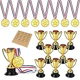 vamei Trophäen Medaillen Set Trophäen Kinder Goldmedaillen Set mit Trophäen Medaillen Sticker für Kinder Party Sporttag Spielzeug preisen Aw