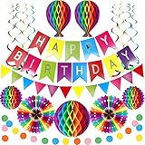 Premium Wiederverwendbare Geburtstagsdeko - Party Deko, Kindergeburtstag Deko, Geburtstag & Party Zubehör - Happy Birthday Girlande, Wimpelkette Geburtstag, Wabenbälle, Pompons Deko, Regenbogen Dek