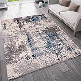 VIMODA Teppich Abstrakt Vintage Look Wohnzimmer Kurzflor Teppich läufer Blau, Maße:160x220