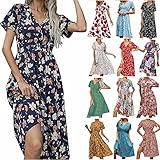 Sisifa Sommerkleid Damen Midi V-Ausschnitt Strandkleider A-Linie Kleid Kurzarm Blumenkleider Knielang Vintage Gesmoktes Böhmisches Wickelkleid Freizeitk