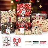CHEPULA Geschenkpapier Weihnachten, 12 Stück Recycelbares Weihnachtspapier für Kinder Frauen Männer, 70x50 CM Weihnachtsgeschenkpapier mit 12 Weihnachtskarten Anhänger und 15 Meter Baumw