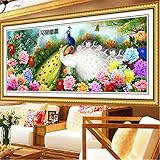 DIY 5D Diamant Malerei Vollbohrer Kit, Pfingstrose Pfau 40x80cm Runder Diamond Painting Bilder Set Diamant Malen nach Zahlen Stickerei Kristall Strass Kreuzstich Handwerk Wohnzimmer Wanddek