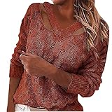 RMBLYfeiye Damen Sexy Strickpullover Off Shoulder Langarm Pullover Grobstrickpullover Mode V-Ausschnitt Kragen Pulli Einfarbig Elegant Sweater Schulterfre Oberteile Casual Lose Jumper Top