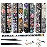 4 Boxen Nail Art Strass Kit Multi Design Zubehör mit 2 Pinzetten Deko Diamanten Kristalle Perlen Edelsteine Bunt Gemischt Bunte Pferdeaugen Strass Metall Nieten für Nagel DIY Dek