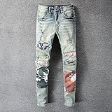 Astemdhj Jeans Herren Destroyed Slim Fit Straight Hip Hop Hellblau Lochstich Camouflage Patches Street Fashion Retro Herren Jeans Motorradhose Punk Lange Hose 34 Hellb
