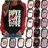 Damen Lange Ärmel Winter Blusen T Shirt V Ausschnitte Mode Loose Shirt Einfarbig Casual Bedruckt Top lang Frauen Bluse Tops Winter Blusen V Ausschnitt Valentinstag