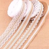 SWECOMZE 4 Stück Juteband mit Weisse Spitzen Vintage Leinwand Spitzenband für Nähen DIY Handwerk Hochzeit Party Weihnachten Dek