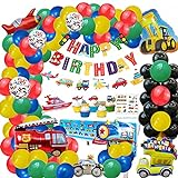 ransportation Geburtstagsdekoration für Jungen Happy Birthday Banner Autos Zug Feuerwehrauto Schule Bus Flugzeug Folienballons Transport Kuchen Topper für Kippwagen Party Jungen, Babyparty,