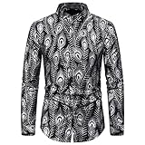 BUXIANGGAN T Shirts Hemd Gold Feder Print Nachtclub Hemd Männer Mode Banded Collar Shirts Herren Casual Party Prom Shirts Männliches Hochzeitshemd-Silver_Us_Size_M