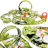 burgkidz Dinosaurier Rennstrecken Spielen Fahrzeuge Spielzeug Set, 387 Stück Flexible Dinos Bahngleise mit 360 Loop und Auto Turntable Spielset, 2 Rennwagen, Geschenk für Kinder ab 3 J