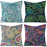 Epinki 4Pcs Kissenbezug Set 40x40cm, Zierkissenbezüge in Leinen mit Paisley Muster, Weich Bequem, Quadratische Kissenhülle für Sofa Büro Auto, Grün Blau Lila, Set2 (Ohne Kissenfüllung)