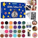 Glitzer-Tattoo-Set, temporäres Tattoo-Set – 24 Farben Glitzer, 135 einzigartige Schablonen, Körpernagel-Glitzer, Kunstmalerei, Geburtstagsfeier, Geschenk für Mädchen, Kinder, Teenager, Erw