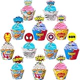 FabTab Superhelden Cupcake Topper und Wrapper 24 Stück Superhelden Party Zubehör für Jungen und Kinder Geburtstag