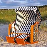 LED - Strandkorb XXL - 118cm inkl. Abdeckcover Luxus Volllieger Ostsee Sonneninsel Rattan Möbel Polyrattan (blau/Weiss - gestreift)