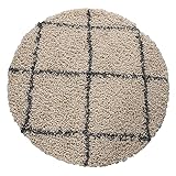 Paco Home Hochflor Teppich Rund Wohnzimmer Moderner Shaggy Langflor Skandi Rauten, Grösse:80 cm Rund, Farbe:Beig