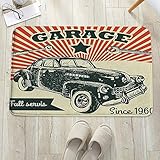 Badematte, rutschfest Waschbar Badezimmerteppich 60X100 cm,Autos, Retro-Auto und Garage Werbeplakat-Stil, Badvorleger mit Wasserabsorbierenden, Weichen Mikrofasern für Badewanne, Dusche und B