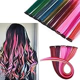 10 farbige Clip-In-Haarverlängerungen, glatt, Ombre, 50,8 cm, Party-Haar-Accessoires für Kinder, Mädchen, Regenbogenfarb