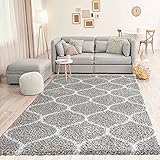 VIMODA Hochflor Teppich Muster Shaggy Marokkanisch Rauten Deko Wohnzimmer Grau Creme weich Robust Ethno, Maße:140x200