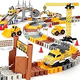 176 Stücke Konstruktion Rennstrecken Set, Flexible Train Tracks w/ 2 Electrische Konstruktion Rennrad w/ Licht,Engineering Rennstrecken Spielzeugmit Kipper,Kran Sortierung Acessories für Jung