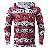 Yowablo Hoodies Herren Casual Geometrische Print Tops Mit Kapuze Langarm Knopfbluse ( 4XL,Rot )