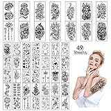 Metuu 49 Blatt Schwarze Blumen Tiere Rose Pfingstrose Krone Uhr Kollektion Frauen und Mädchen Wasserdicht Temporäre Fake Tattoos Aufkleber für Körper Hals Hand Schulter Bein（14 groß und 35 klein）