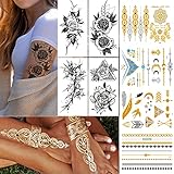 Temporäre Tattoos Metallic Klebe Flash Tattoo für Erwachsene Frauen Männer 8 Blätter, Glitzertattoo Aufkleber für Schultern Arme Brust Rücken Beine, 4 Blume +4 Metallic Tattoo in Gold, Silber&Schw