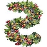 Tannengirlande mit 100 LEDs Tannenzapfen Rote Beere, Valorwin Weihnachtsgirlande Künstlich Weihnachtsdeko Beleuchtete Kränze Tannenzweiggirlande Dekoration Weihnachtskranz Weihnachten Geschenk, 360