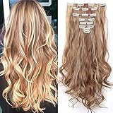 Clip in Extensions wie Echthaar günstig Haarteile 8 Tresssen 18 Clips für komplette Haarverlängerung Gewellt Haarextensions 24'(60cm)-140g Hellbraun/Honigb