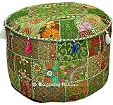 Bohemian Vintage Embroidered Pouf Ottoman Footstool Cover Indian Round Ottoman Stool Pouf Pillow, Ethnic Embroidered Pouf Cover, Indian Cotton Round Pouffe Ottoman Pouf Cover Pillow Ethnic Decor Art, 14x22 Inch. By Bhagyoday by BhagyodayF