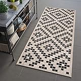 TAPISO Floorlux Läufer Flur Teppich Flachgewebe Strapazierfähig Sisal Optik Creme Schwarz Modern Geometrisch Karo Viereck Muster Indoor 60 x 200