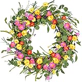 YQing 50cm Künstlich Blumen Türkranz, Lavendel Kranz Gänseblümchen Kranz Groß Blumenkranz mit Grün Blätter Frühlings Kranz Kunstblumen Deko für Zuhause, Parties, Türen, H