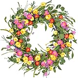 YQing 50cm Künstlich Blumen Türkranz, Lavendel Kranz Gänseblümchen Kranz Groß Blumenkranz mit Grün Blätter Frühlings Kranz Kunstblumen Deko für Zuhause, Parties, Türen, H