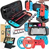 Deruitu Zubehör Set Kompatibel mit Nintendo Switch (18 in 1) - Switch Accessories Bundle mit Tasche, Schutzfolie, Schutzhülle, Ständer, Joycon Griff und Lenkrad, Ladestation für Joy-Con C