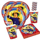 Amscan/Hobbyfun 44-teiliges Party-Set - Feuerwehrmann Sam Teller Becher Servietten + Papiertrinkhalme für 8
