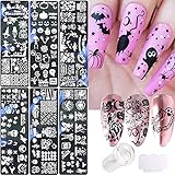 Halloween-Nagelstempel-Set, 6 Stück Nagelstempelplatten + 1 Stempel + 1 Schaber, Horror-Kürbis, Totenkopf, Spinne, Geister, Fledermaus, Nagelkunst-Design, Schablonen, Nagelzubehör, Nageldek