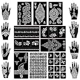 Koogel Henna Tattoo, 18 Blatt Henna Schablonen Glitter Tattoo Air Brush Tattoo für Frauen Mädchen Hände Finger Körperbemalung