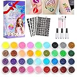 Glitzer Tattoo Set Neues Tattoo-Kit Temporäre Glitzer Tattoo Make Up Körper 36 Farben Großen & 160 Schablonen Glitzer Kunst Design für Kinder, Teenager und Erw