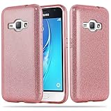 Cadorabo Hülle für Samsung Galaxy J1 2016 - Hülle in Sternenstaub PINK – TPU Silikon und Hardcase Handyhülle im Glitzer Design - Hard Case TPU Silikon Schutzhü